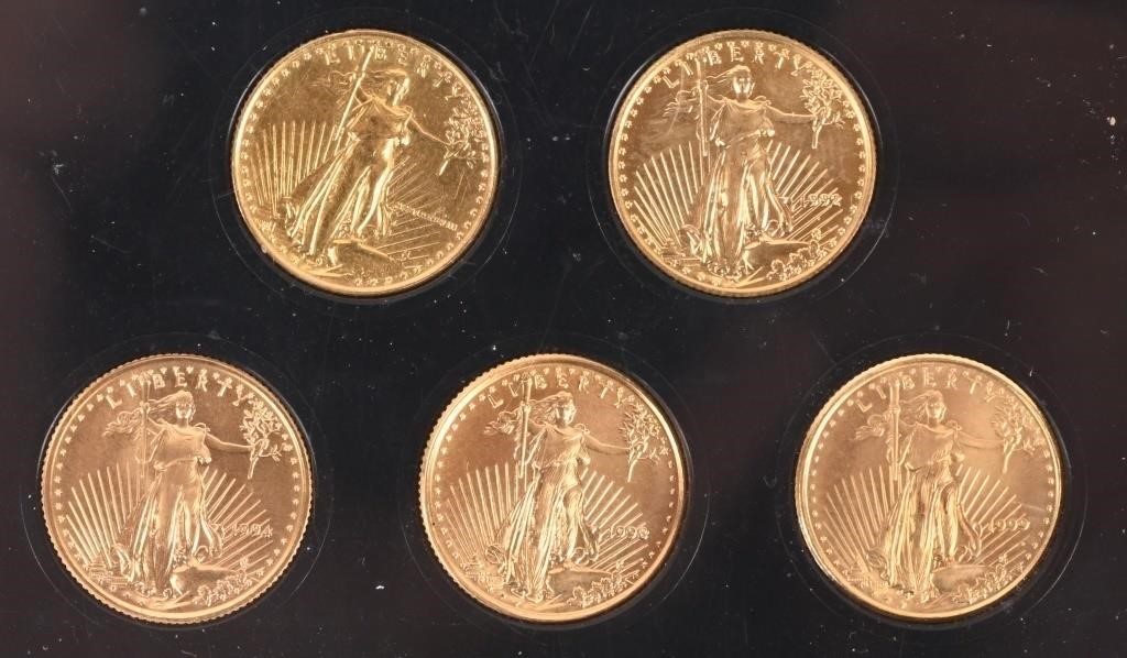 5- AMERICAN GOLD EAGLE $5.00 1/10 OZ COINS