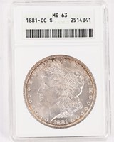1881-CC MORGAN SILVER DOLLAR GRADED MS 63