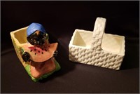 Takahashi glass basket; ceramic figurine