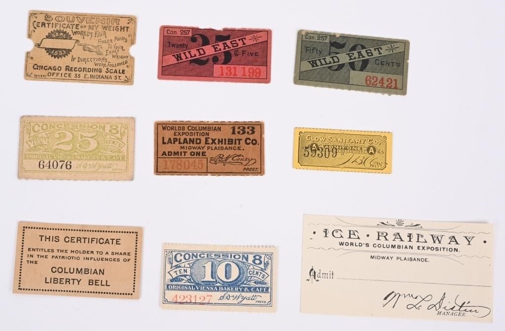 1893 Columbian Exposition 9 MIDWAY TICKETS