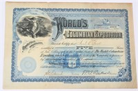 1893 World's Fair STOCK CERTIFICATE 5 Shares Blue