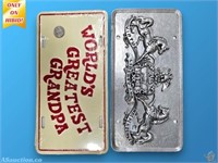 (2) License Plates Metal Grandpa + Pewter Crest