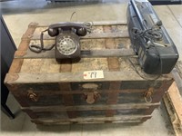 Metal & wood trunk, radio & phone