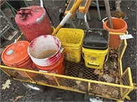 Metal Cart With Buckets & Cans