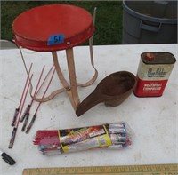 Vintage stool, oil can, misc.