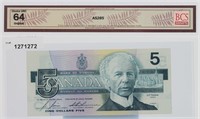 BCS UNC 64 Choice 1986 Canada $5 Note