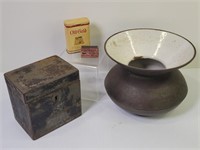 Antique Cast Iron Spittoon, Tin Tobacco Safe