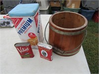 bucket,cracker tin & tobacco tins