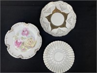 3 painted dishes, the rose plate is marked