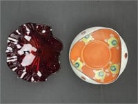 Footed and fluted ruby glass serving dish with