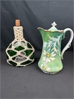 Hand painted chocolate pot with green glass