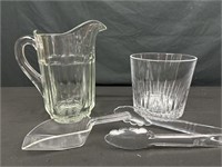 Water pitcher, glass, ice bucket, plastic tongs,