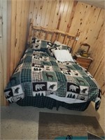 Queen log bed & bedding