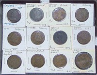 12 Older British Coins: 1/2 Pennies, Penny 1737-18