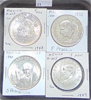 4 Mexican Silver Coins 5 Pesos 1948, 52, 53, 59,