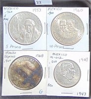 4 Mexican Silver Coins: Peso, 5 Pesos, 10 Pesos,