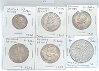Variety: 6 Panama Coins .900 Silver 1/4, 1/2, 1 Ba