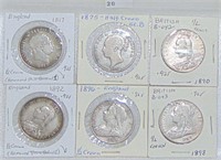 6 Great Britain Half Crowns .925 Silver 1817-1898.