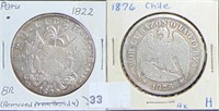 1822 Peru 8 Real, 1876 Peru 1 Peso, Silver.