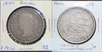1859 Bolivia 1 Peso. 1874 Peru 1 Sol Silver.