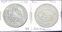 1894 Mexico 8 Real, 1902 Mexico 1 Peso Silver.