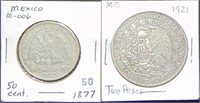 1877 Mexico 50 Centavos, 1921 Mexico 2 Pesos Silve
