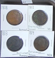 4 Classic Head Large Cents 1808, 1812, 1813, 1814