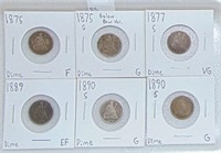 Seated Dimes: 1875, 75-S, 77-S, 89, 90-S, 90-S, G-