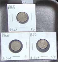 3 3¢ Nickels 1865, 1868, 1870 VG-VF.