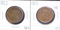 2 Large Cents 1852, 1855 VF-VF+.