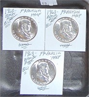 3 1963 Franklin Half Dollars BU (last year 90%)