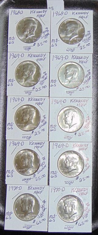 10 40% Silver Kennedy Half Dollars