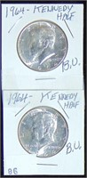 (2) 1964 Kennedy Half Dollars 90% Silver. BU.