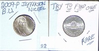 2 2009-P Jefferson Nickel. Rare. (Try to find one)