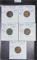 5 Indian Cents 1859, 60, 62, 63, 64.