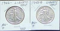 1942, 1942-D Liberty Half Dollars AU-Plus.