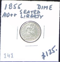 1855 Liberty Seated Dime AU++. Real Nice!