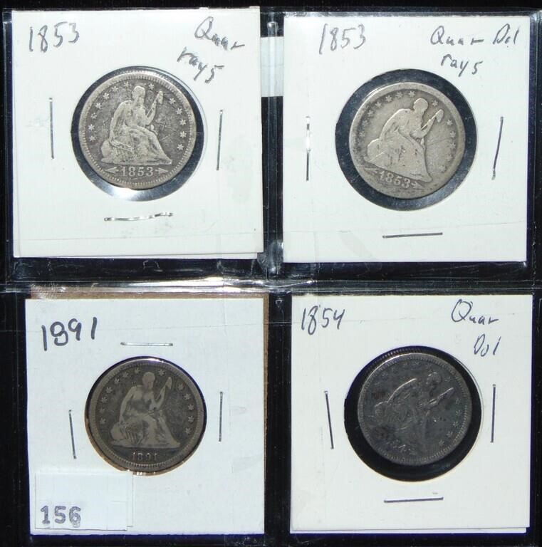 4 Seated Liberty Quarters 1853, 53, 54, 91 G-VG+.