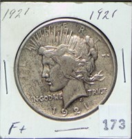 1921 Peace Dollar F+.