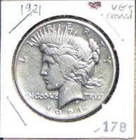 1921 Peace Dollar (good date, cleaned).