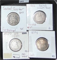 4 Seated Quarters: 1847, 1853, 1857, 1877-S.