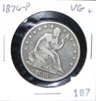 1876 Seated Half Dollar VG+.
