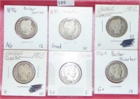 6 Barber Quarters: 1896, 1897, 1902, 1903, 1909-D,