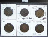 6 Large Cents: 1845, 1849, 1850, 1851, 2 "No Date"