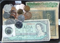 Variety of Foreign Notes & Coins: Canada, Bahamas,
