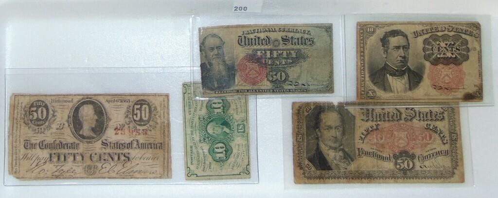 5 Fractional Currency Notes: 50¢ Confederate. 10¢,