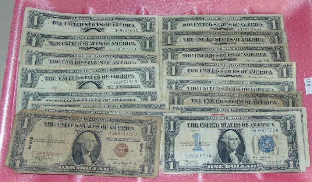 16 $1 Silver Certificates: 7 Star Notes, 1 Hawaii