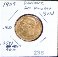 1909 Denmark 20 Kroner Gold .900 .2593 AGW.
