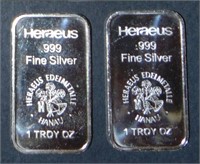 2 Heraeus 1 Oz. Silver Bars .999