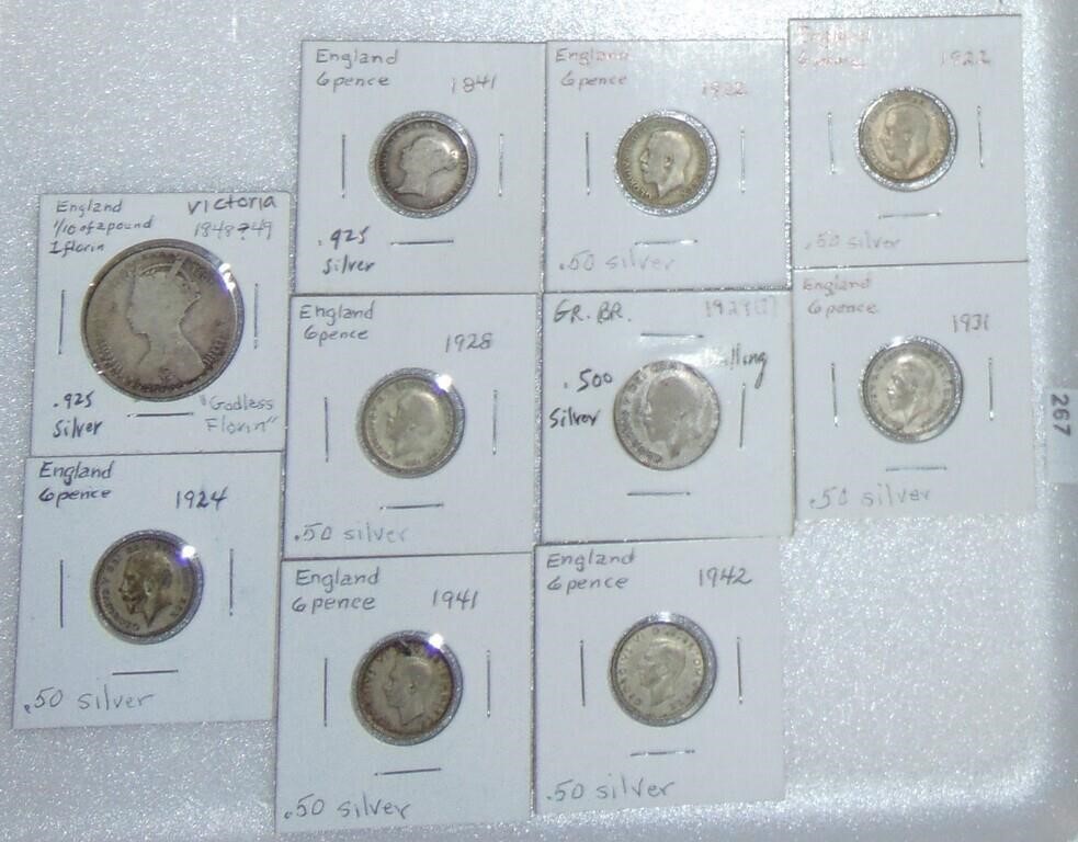 10 Great Britain Coins: 6 Pence, Florin, .925, .50